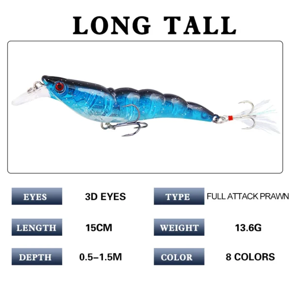 Feather Shrimp Fishing Lure 136g95cm 1pc Random Color Sinking Plastic Artificial Shrimp Perch Hart Bait with Blood Tank Hook