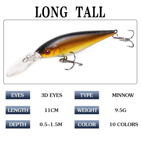 Long Tongue 11cm95g Fishing Lures Hard Baits 3D Eyes Minnow Lure with Treble Hook Swimbait Fishing Bait Sinking Lure for Bass Trout Walleye Redfish Saltwater Freshwater